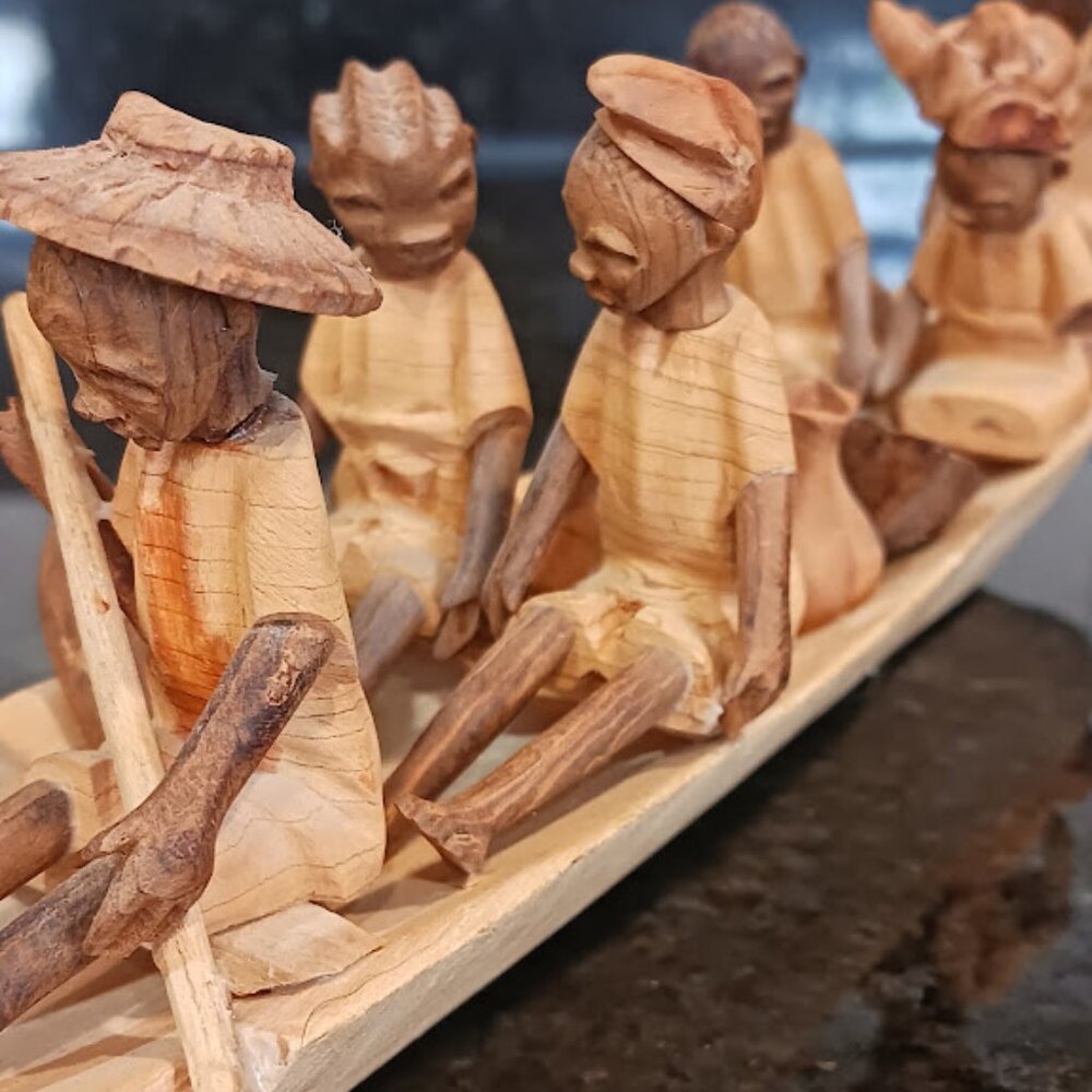 Folk Art Sculpture Carving Ghanaian Boat People (6) Vintage, 12 inches - Picture 2 of 13